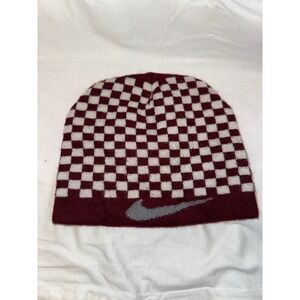 Nike Kids Beanie Hat Checkered Burgundy White‎ Gray Swoosh Winter Warm